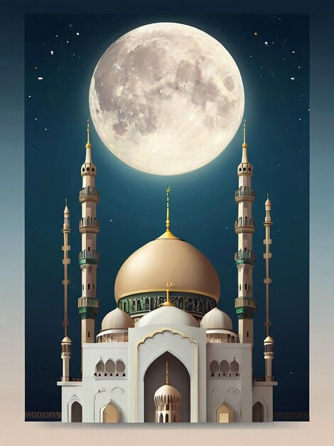 A poster for eid mubarak with a mosque and a moon