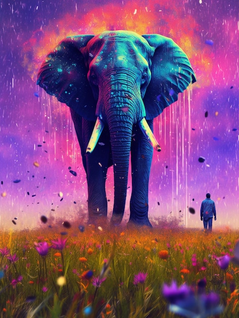 A poster of an elephant with a man walking in the middle of it.