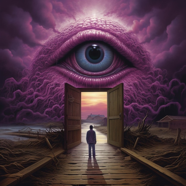 a poster for an eye with a man standing in front of it