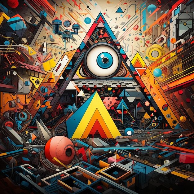 a poster of an eye with a pyramid and a pyramid on it.