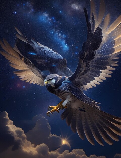 a poster for a falcon with a star filled sky behind it