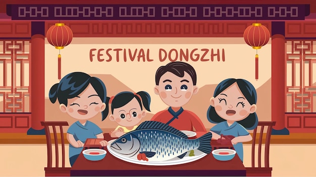 a poster for a family eating a donut with a child and a plate of food