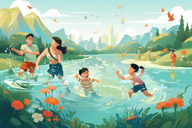 A poster for a family in a river with a city in the background.