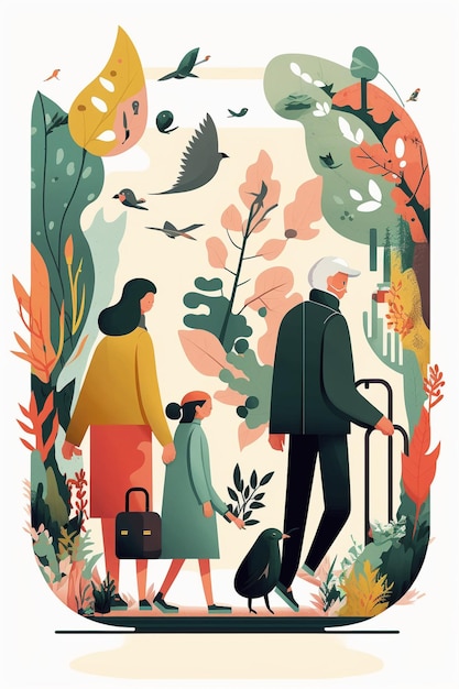 A poster for a family with a dog and birds