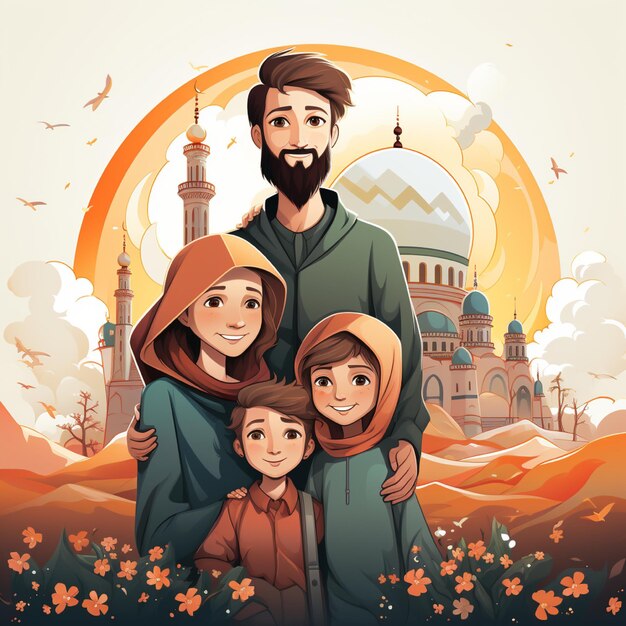 Photo a poster for a family with a mosque in the background