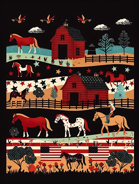 背景に馬と納屋のある農場のポスター