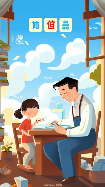 a poster for a father and daughter reading a book.