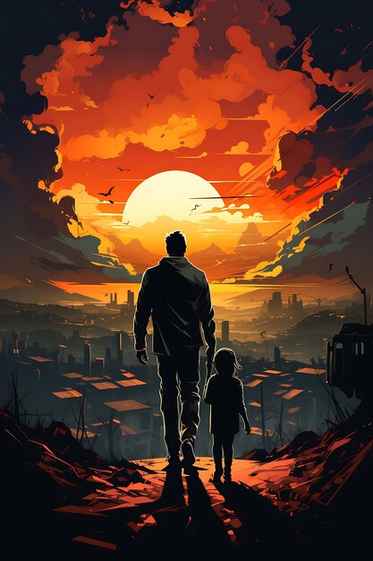 Poster of Father Defending His Family With a Skyline of a War Torn Cit Vector 2D Dsign Palestine