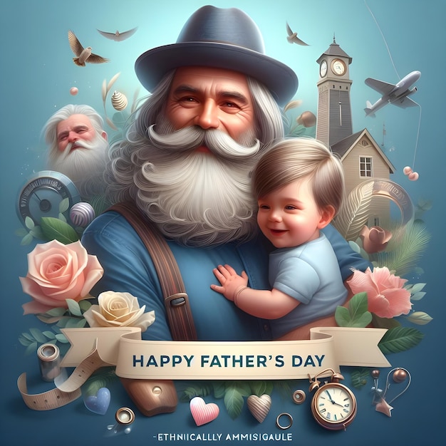 Photo a poster of a father and his son with a clock and a picture of a father and a house