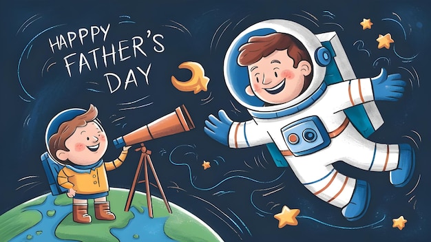 Photo a poster of a father and son with a telescope