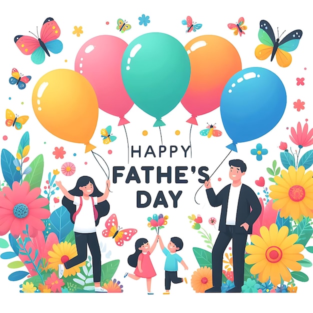 a poster of a fathers day with balloons and a picture of a father and his children