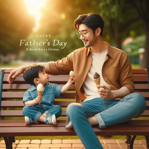 a poster for fathers day with a child on the bench