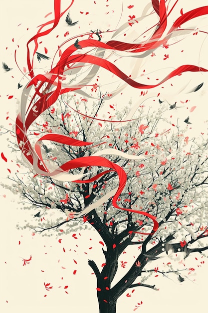 Photo poster featuring a stylized illustration of a blossoming tree with red and white martisor ribbons ti