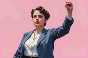 Photo a poster featuring a woman raising her arm in the style of realistic portrait painter pink socialist realism generative ai