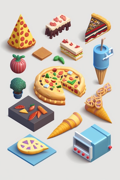 ピザ、ピザ、アイスクリームなどの食べ物のポスター。