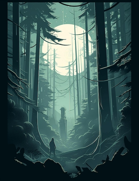 A poster for a forest with a lighthouse on the left side.