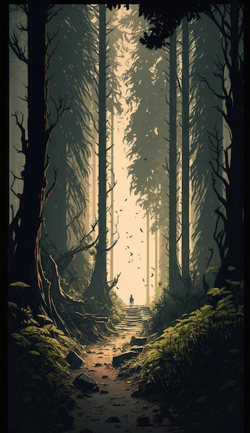 A poster for a forest with a man standing in the middle of it.