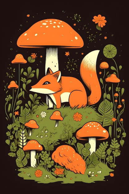 A poster for a fox in a mushroom garden.