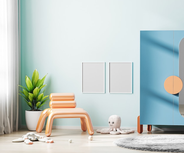 Poster frame on blue wall in children room interior with colorful furniture and soft toys