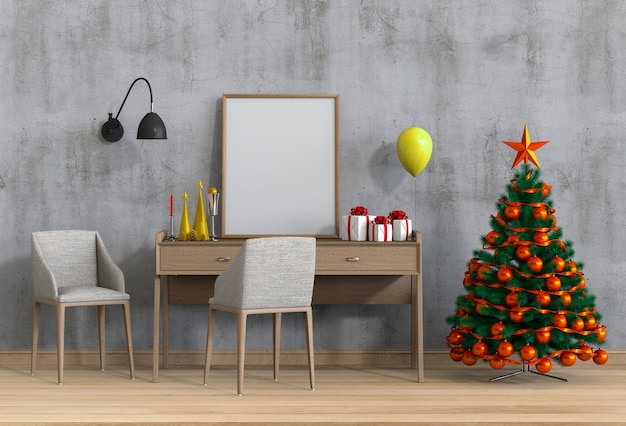 рамка для плаката Рождественский интерьер рабочего пространства комнаты. 3d визуализация