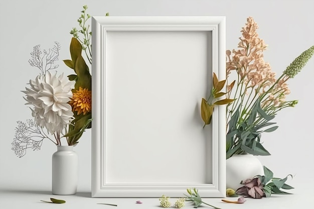 Poster frame empty white mockup flowers and blank copy space on white background Generative AI