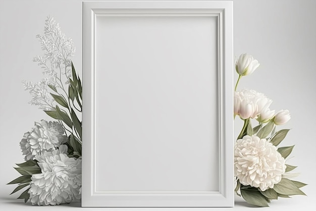 Poster frame empty white mockup flowers and blank copy space on white background Generative AI