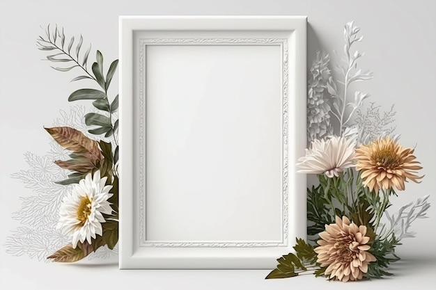 Poster frame empty white mockup flowers and blank copy space on white background Generative AI