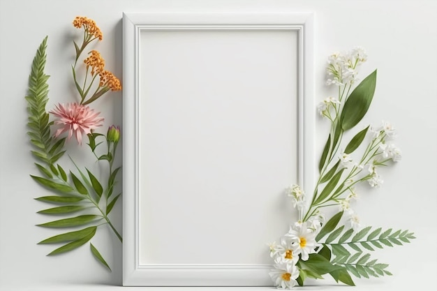 Poster frame lege witte mockup bloemen en lege kopie ruimte op witte achtergrond Generatieve AI