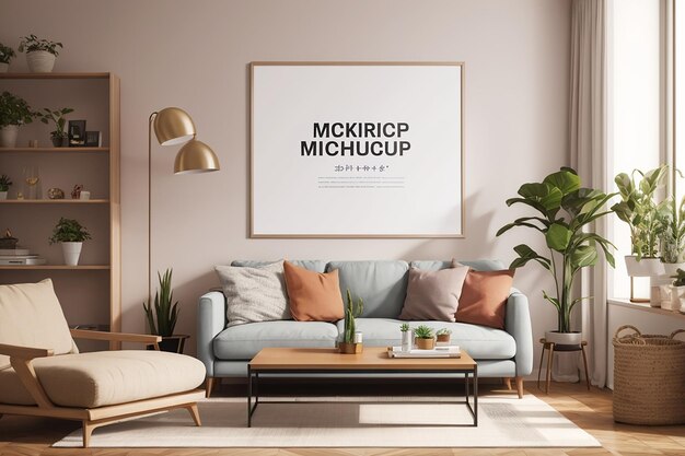 Photo poster frame in living room psd mockup