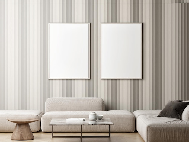 Poster frame mock-up in home interior background, living room with comfortable sofa