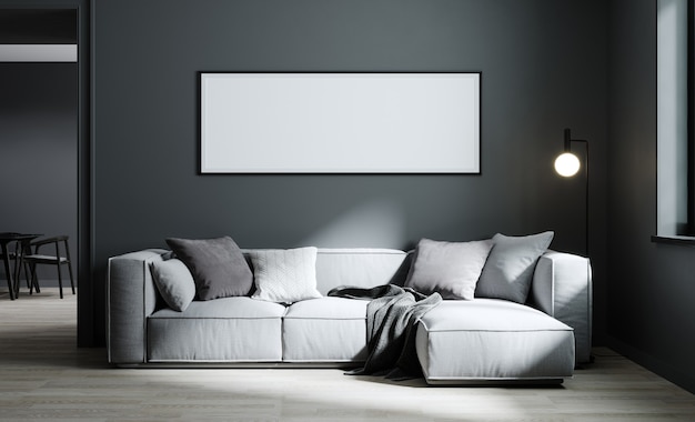 Poster frame mock up in moderne woonkamer interieur achtergrond met lichtgrijze bank en grijze muur, minimalistische Scandinavische stijl, 3d illustratie