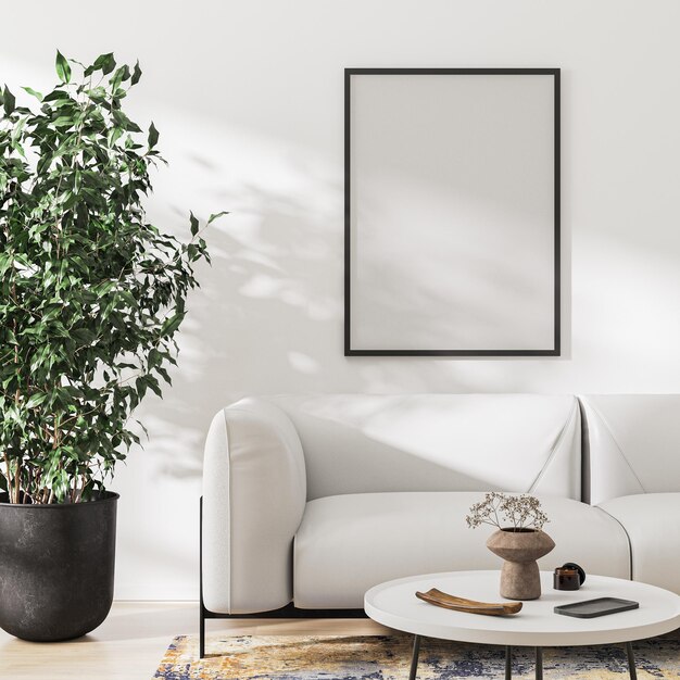 Poster frame mock up in living room interior in white tones 3d rendering