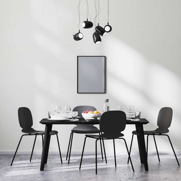 Photo poster frame mock up in modern dining room interior with black table and chairs and white wall with sunbeams, concrete floor, minimalist style, scandinavian, 3d rendering