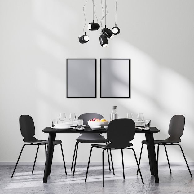 Photo poster frame mock up in modern dining room interior with black table and chairs and white wall with sunbeams, concrete floor, minimalist style, scandinavian, 3d rendering