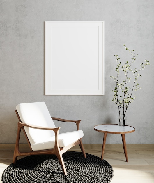 . cornice poster mock up in sfondo interno soggiorno moderno con poltrona bianca e parete grigia, stile scandinavo minimalista, illustrazione 3d