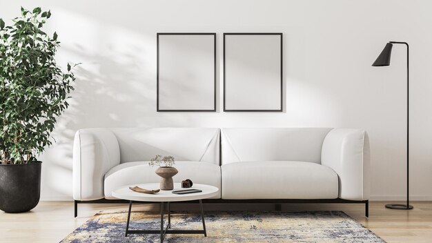 Poster frame mock up in scandinavian style living room interior modern living room interior background white sofa and green plant in pot 3d rendering