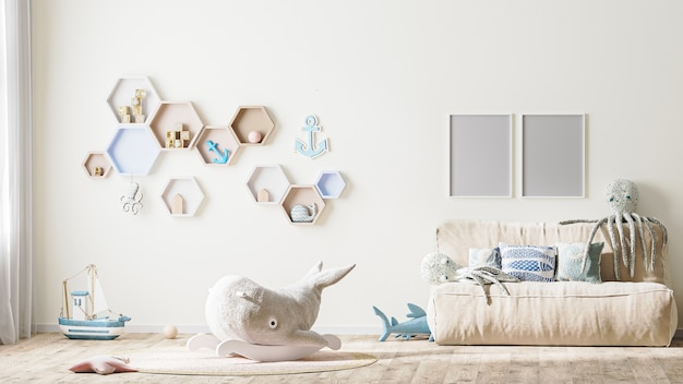 Poster frame mock up in stylish childrens room interior in light tones 3d rendering