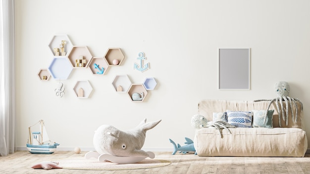 Poster frame mock up in stylish childrens room interior in light tones with toys, 3d rendering