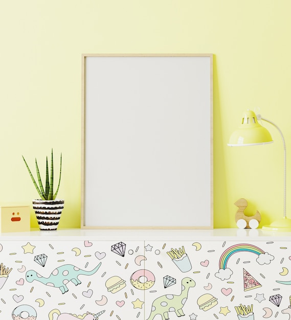 Poster frame mockup in children's room standing of chest of drawers with funny kids print, with yellow wall on background, 3d rendering