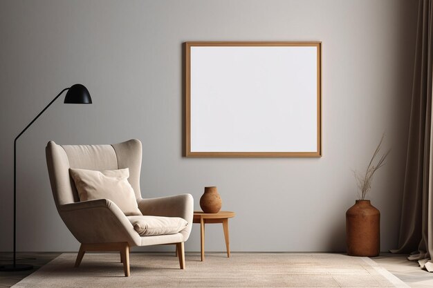 Photo poster frame mockup in minimalist interior created with generative ai