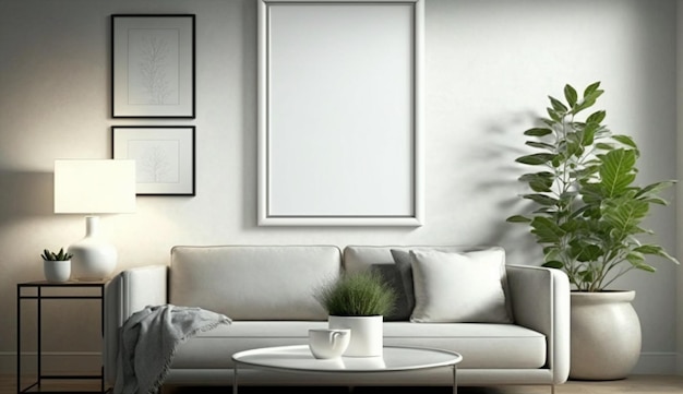 Poster frame mockup in modern living room furnished home interior background Generative AI