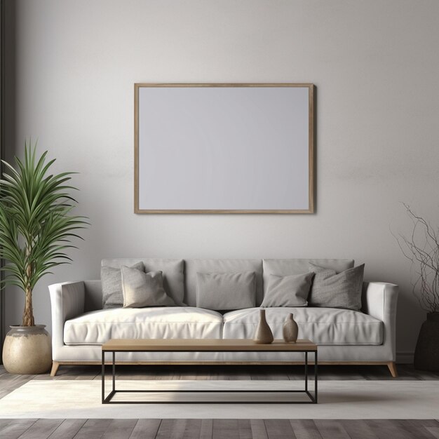 poster frame mockup in modern living room interior design with sofa table grey background