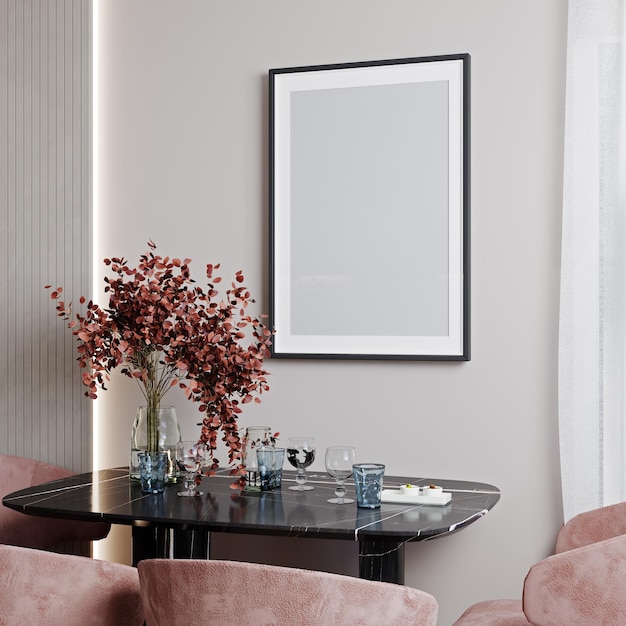 Photo poster frame mockup in modern pink interior background 3d rendering