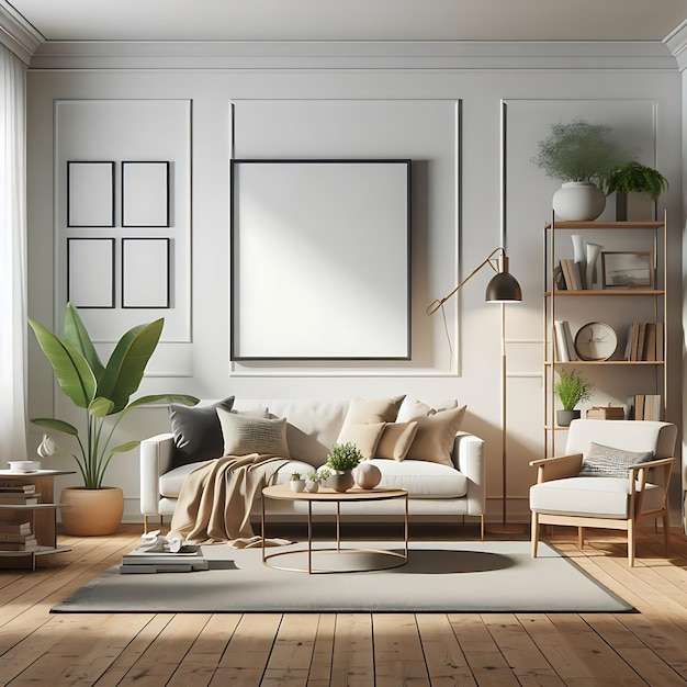 Poster frame mockup in scandinavian style living room interior free download
