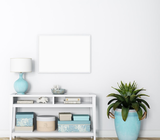 Poster frame mockup white shelf with a plant on it and a blue vase with a plant on it