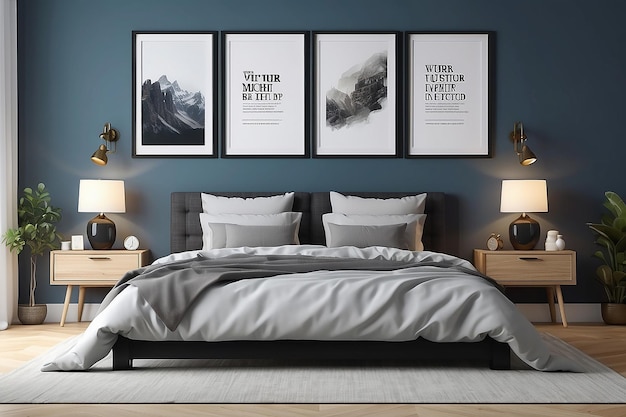 Cornici di poster simulate sopra il letto nell'interno di una camera da  letto moderna render 3d