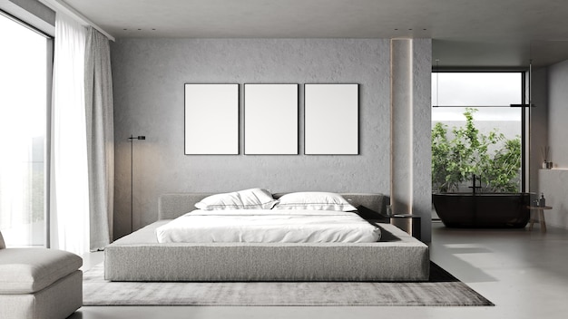 Poster frames mock up in modern bedroom interior in gray tones 3d rendering