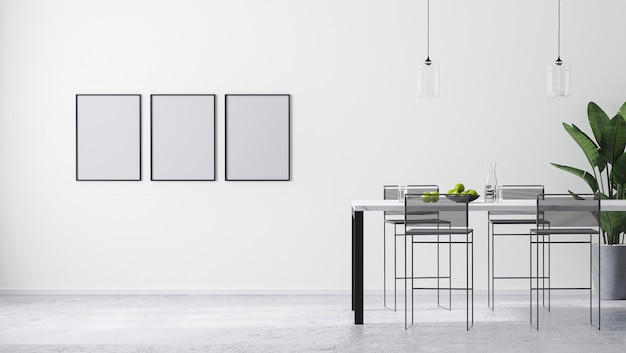Макет рамок для плакатов в современном ярко-белом интерьере комнаты с современным барным столом и барными стульями, скандинавский минималистичный стиль, 3d-рендеринг