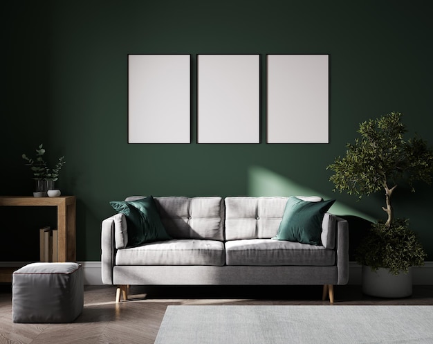 Poster frames mockup in home interior background living room in green and gray tones 3d render