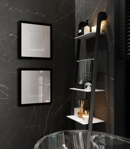 Фото Макет рамок плаката в черном мраморном интерьере ванной комнаты 3d рендеринг